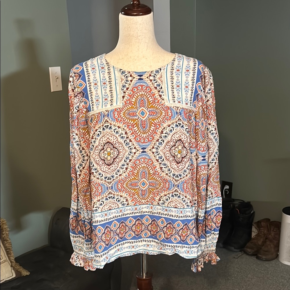 Orange and Blue Long Sleeve Relaxed Blouse with Crew Neck and Ruffled Style